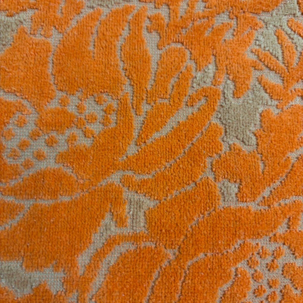 Vintage Fieldcrest Orange Gold sculpted Floral Damask Bath Towels  x2 Fringe